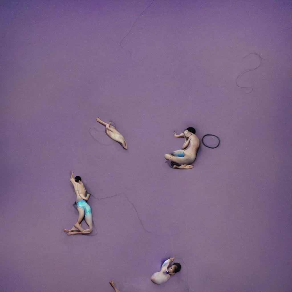 Image similar to aerial view of iridiscent oil spill in sahara with women corpses connected by cables and computers to wax forms to a buried baby relaxing on yoga mat, faded, purple gradient, dust, purple fog, depth of field, by werner herzog, hans bellmer and nadav kander, 8 k, sad atmosphere, cinematic