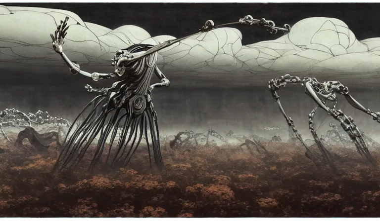 Prompt: still frame from Prometheus by Jakub rozalski by utagawa kuniyoshi by Yves Tanguy, Vast blossoming hell plains with resurrecting arcane glowing mycelium biomechanical giger cyborgs in style of Jakub rozalski with character designs by Neri Oxman, metal couture haute couture editorial