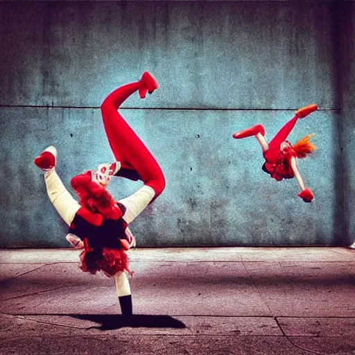 Image similar to “ clown girls breakdancing in a parking garage photorealistic ”