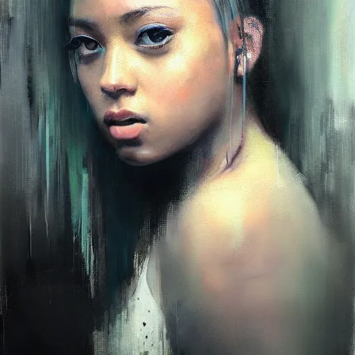 Image similar to face protrait of dojacat, realistic, ultrahd, jeremy mann painting