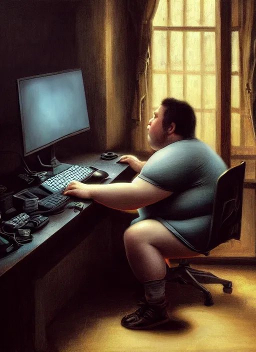 Image similar to insanely detailed chiaroscuro image of a exhausted - looking slightly overweight casually - dressed programmer guy on his knees facing his glowing ultrawide computer monitor monitor begging it for forgiveness, oil on canvas, masterwork, fine detail, trending on artstation, emotive, insanely compelling, ryden, koons, moebius