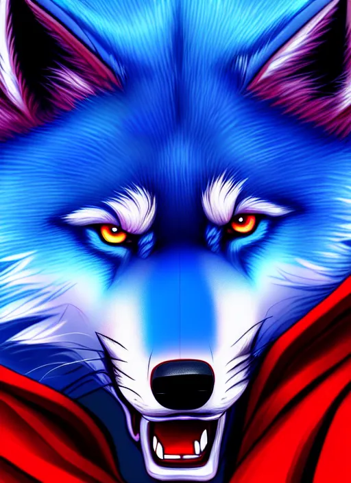 Image similar to blue wolf with red eyes, blue fur highly detailed, deep focus, digital painting, smooth, sharp focus, anime art style, trending on artstation, 4 k