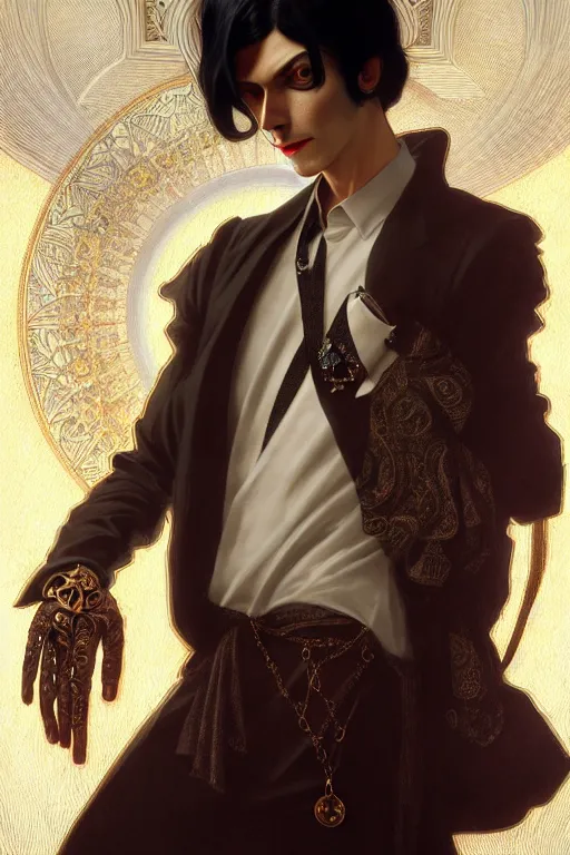 Image similar to ultra realistic, thin man in expensive stylish modern clothes, black hair, brown eyes, occult jewelry, fantasy, intricate details, eerie, highly detailed, octane render, 8 k, art by artgerm and alphonse mucha and greg rutkowski