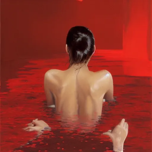 Prompt: Emily Ratajkowski full body laying in a blood red pool of water between a golden mirror frame, outside is space and inside the mirror frame is a beautiful landscape. Hyperrealistic surreal 4K IMAX Rene Margritte intricate, elegant, highly detailed, digital painting, artstation, concept art, smooth, sharp focus, illustration, art by artgerm and greg rutkowski and alphonse mucha