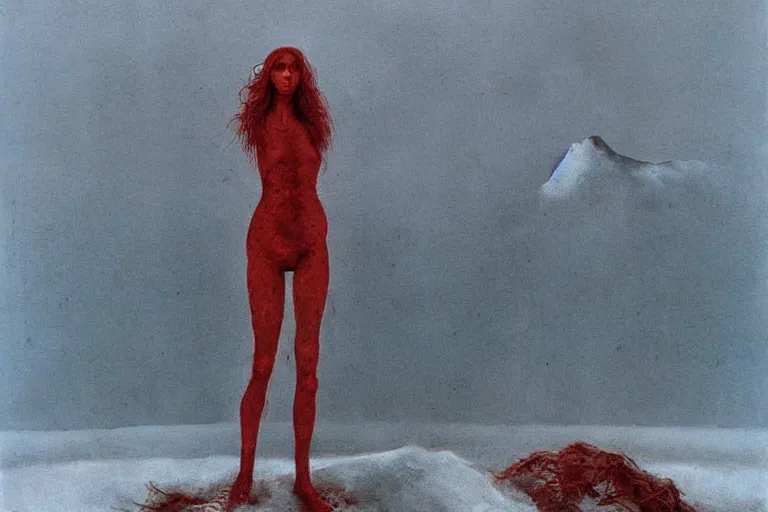 Image similar to a surrealist painting of a lonely woman with pale skin and red hair, standing over pile of bodies in post apocalyptic snowy landscape, painted by zdzisław beksinski