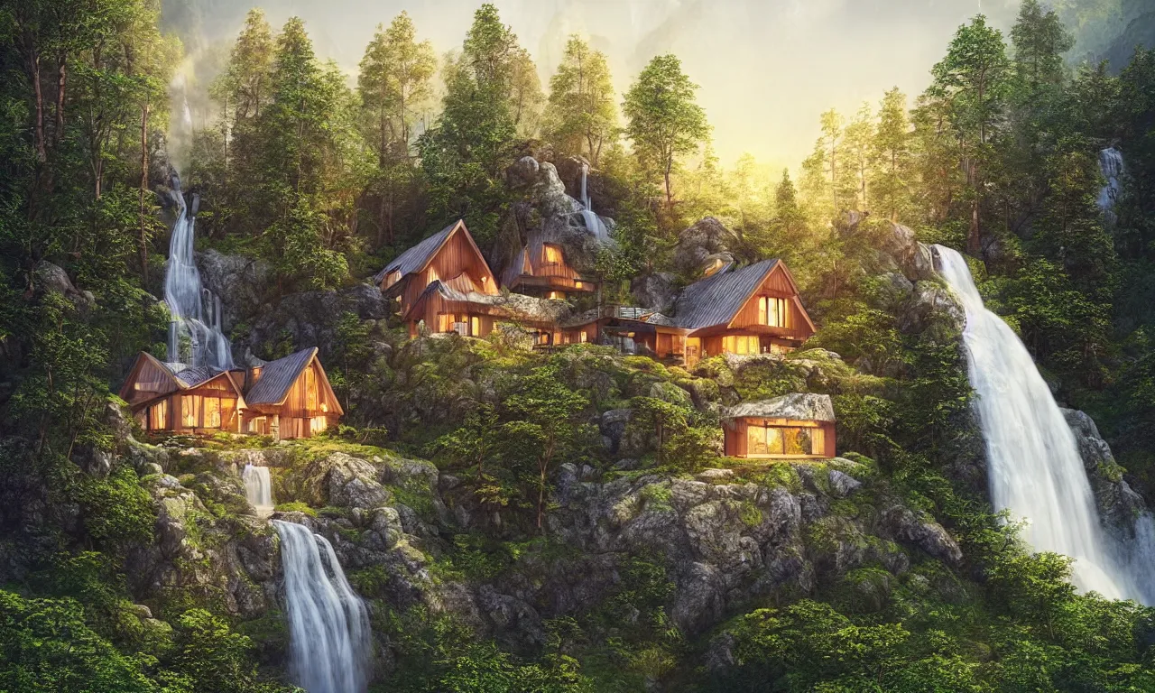 Image similar to scandinavian house in the forest on a hill, a waterfall flows down from the mountain in the background, vector art, fabulous, global illumination, warm lighting, by jordan grimmer