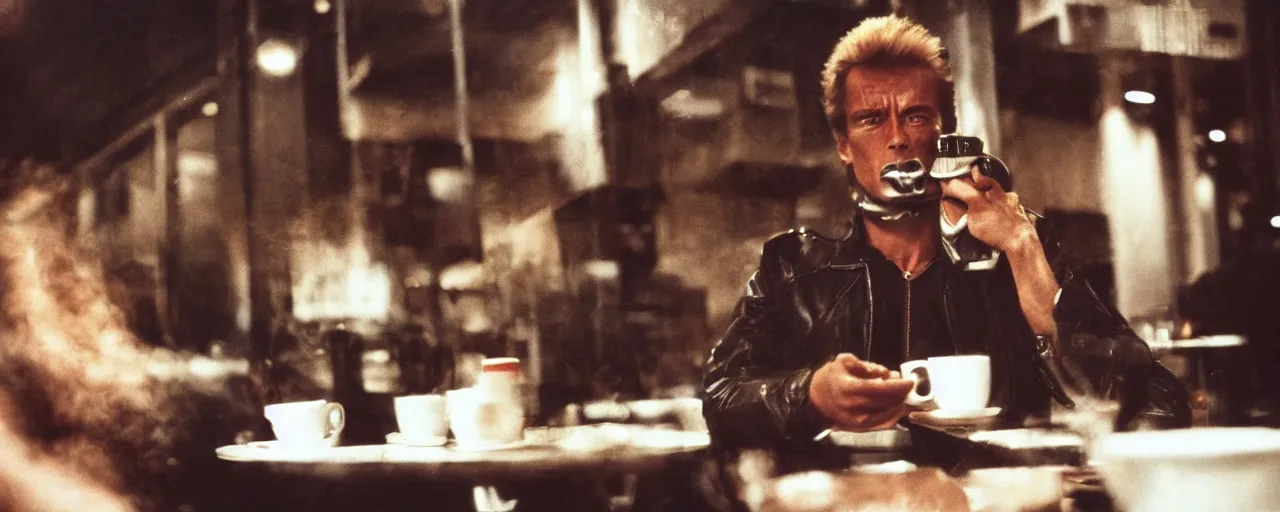 Image similar to the terminator drinking coffee at a restaurant, cinematic composition, anamorphic lens, 1 9 8 0 s, stanley kubrik, kodak film stock