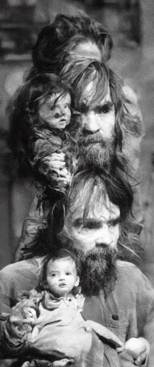 Image similar to charles manson with a baby body riding a flying fish