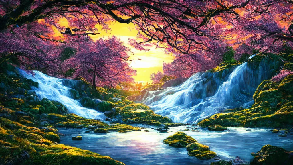 Image similar to featured on artstation cherry tree overlooking valley waterfall sunset beautiful image stylized digital art