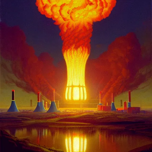 Prompt: A nuclear power plant in utopia by Simon Stålenhag and J.M.W. Turner, oil on canvas; Nuclear Fallout, Art Directio by Adam Adamowicz