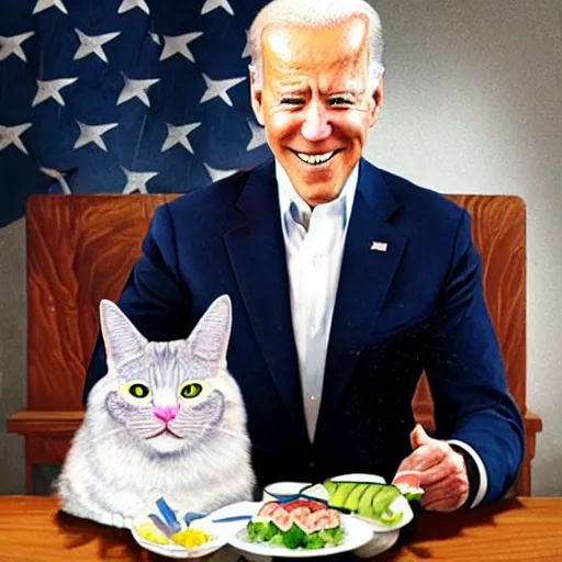 Prompt: A portrait of Joe Biden as Forrest Gump, with Sushi and Sashimi on left handd red eyes nekomimi, symmetrical facial features