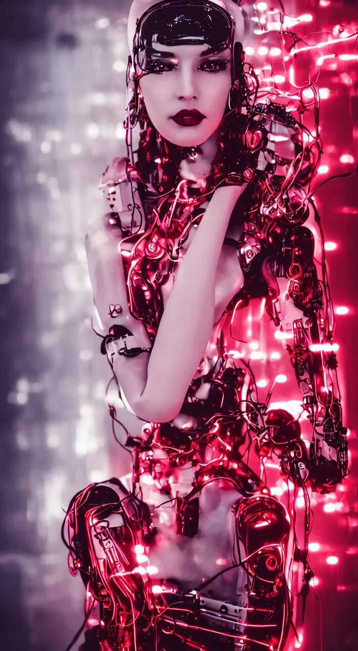 Image similar to woman, android, female robot, cyberpunk, artificial limbs, circuit, wires, mechanisms, tattoos, neon lights, retrowave, hard light, glamour, vogue photoshoot, fashion, long dress, red dress, raindrops, rain, wet, make - up, leaky make - up, red lipstick