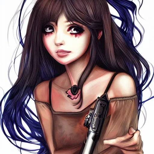 Image similar to portrait of a cute beautiful girl holding a balisong, anime digital art, creepy