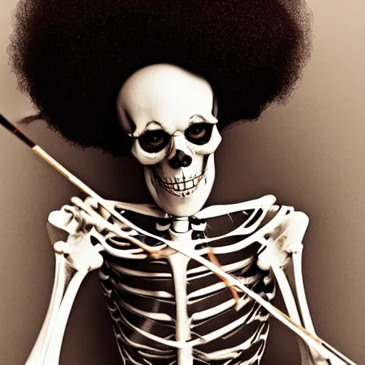 Image similar to portrait photograph, Realistic Skeleton wearing an afro wig and playing the violin