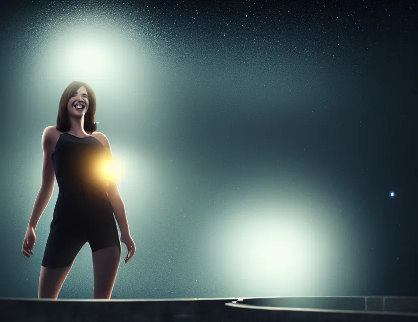 Prompt: woman, highspeed hyper jump in space accelerated movement in the tunnel blurry forward movement glowing beams of light | | sunny night, full moon, dreamlike art, realistic shaded, smile, good looking, hyper details, 4 k realistic, cryengine, realistic shaded lighting poster 8 k resolution, trending on artstation, luxury