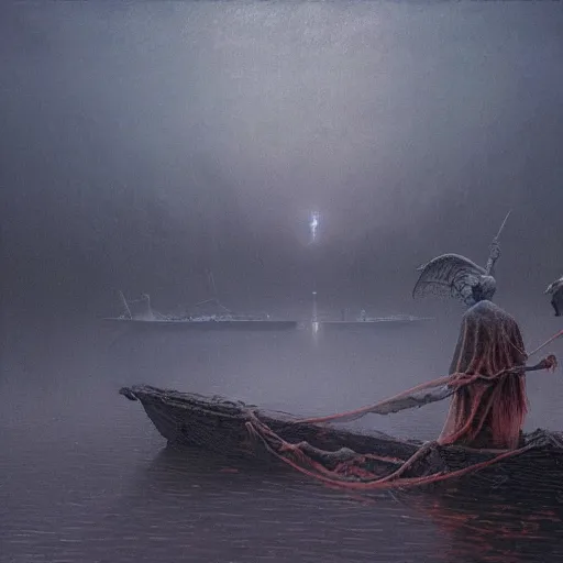 Image similar to ferrying deceased souls across the river and into the underworld, beksinski, dariusz zawadzki, very coherent symmetrical artwork. cinematic, hyper realism, high detail, octane render, 8 k