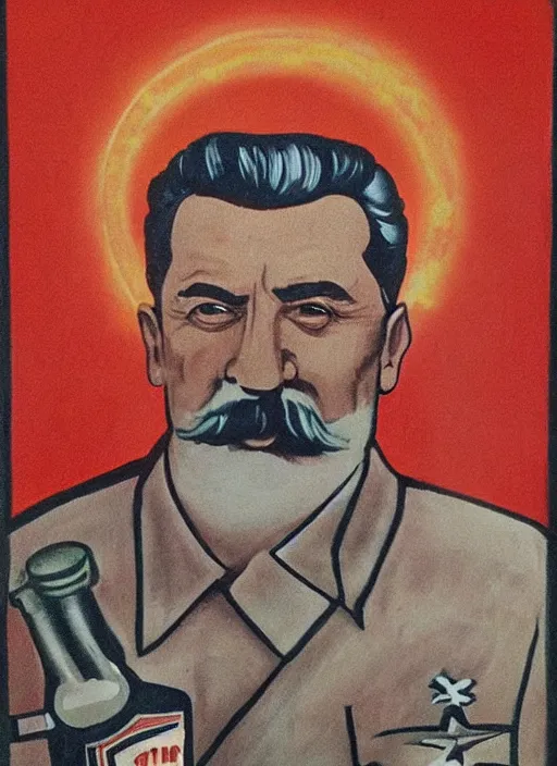 Image similar to stalin with a bottle of vodka, icon with a halo of fire, scary detailed art in color