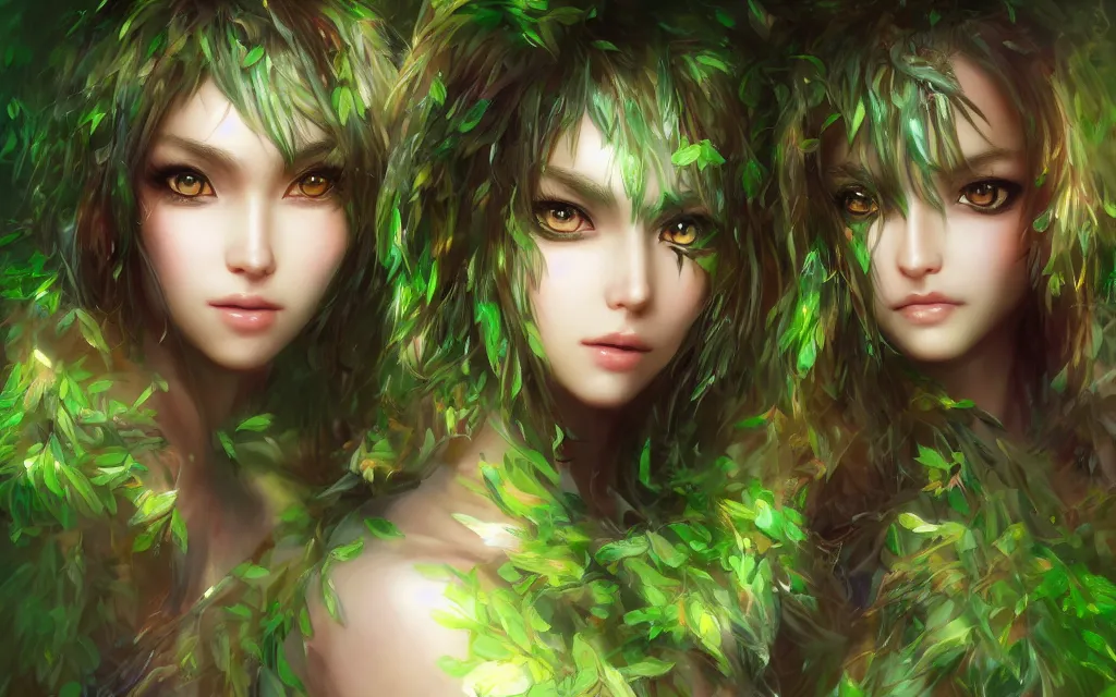 Image similar to A realistic anime portrait of a beautiful dryad twins with glowing green eyes and tree bark skin wearing clothes made of leaves, digital painting, by Stanley Artgerm Lau, Sakimichan, WLOP and Rossdraws, digtial painting, trending on ArtStation, SFW version