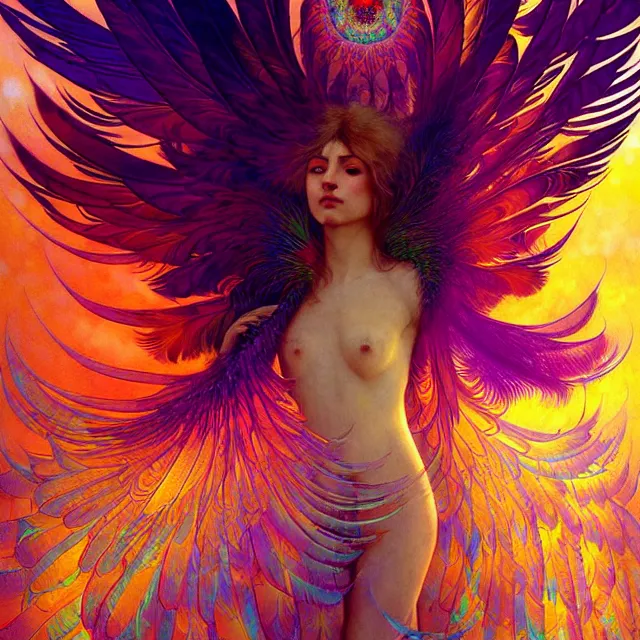 Image similar to psychedelic transcendent feather mind bending psychedelic wings of glossy liquid honey flowing like kaleidoscopic translucent holograph, lsd feathers, feathery fluff, enlightenment, high contrast dappled lighting, refracted sunset, highly detailed, concept art, art by collier, albert aublet, krenz cushart, artem demura, alphonse mucha