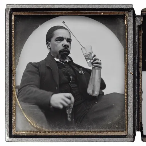 Image similar to tintype photo of ice - t, drinking iced tea with a straw, by julia margaret cameron 1 8 8 0 s, realistic, body shot, sharp focus, 8 k high definition, insanely detailed, intricate, elegant