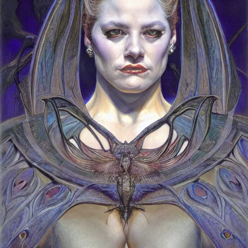 Image similar to portrait of the bat goddess, by donato giancola and gustave courbet.