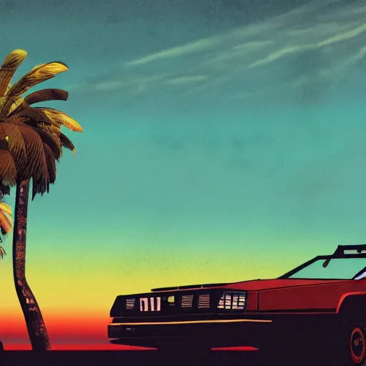 Prompt: wasteland hotline miami desert apocalypse car wasteland war destroyed wide shot landscape nuke fire craters end of the world miami beach sunset palm trees 80s delorean unreal engine dark style