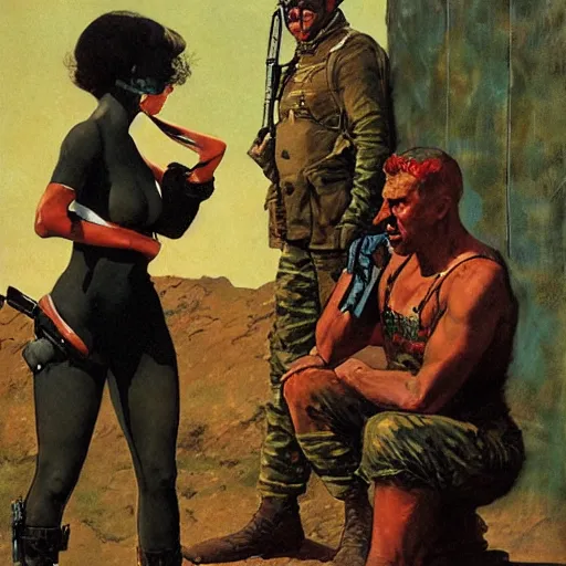 Image similar to A crouching soldier stares in terror at a mocking woman, by Robert McGinnis.