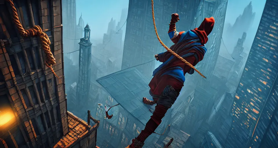 Image similar to an epic fantasy comic book style landscape painting of a hooded thief climbing a tall building with a city using a rope, unreal 5, daz, hyperrealistic, octane render, dynamic lighting