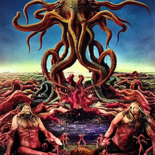 Prompt: invoking ritual of a cthulhu in a large landscape, art by david lachapelle, photography by annie leibovitz