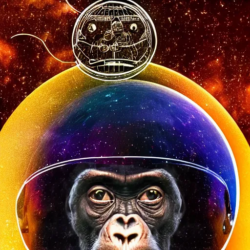 Image similar to double exposure portrait of astronaut and a chimpanzee astronaut with space and time in the the background by davinci, circles, psychedelic, pencil art, high definition, dynamic lighting stars, sharpness, golden ratio