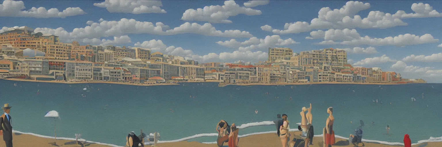 Prompt: Bondi Beach oil painting magritte