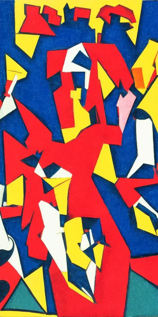 Image similar to A group of girls in red dresses were dancing beneath a cluster of collapsing tall buildings, and a strong light shone from the blue sky, Fortunato Depero painting style.