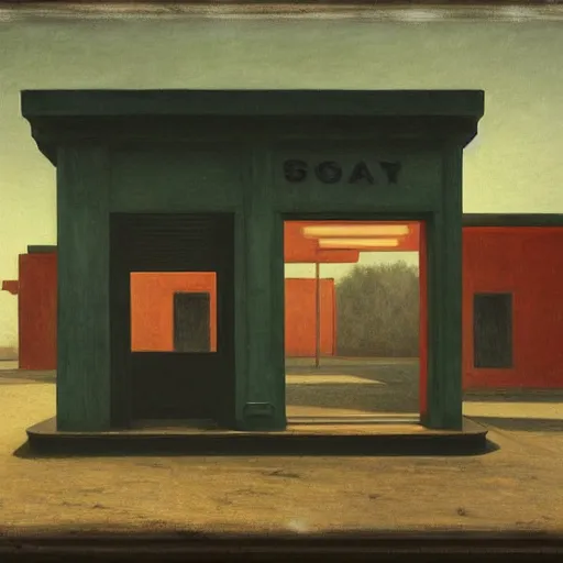 Image similar to a black beast in an abandoned gas station, daguerreotype by edward hopper, by henri rousseau, by Bosch, art noveau, highly detailed, strong lights, liminal, eerie, Bright pastel colors, octane render, 8k