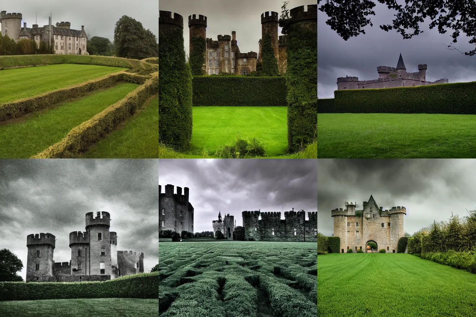 Prompt: field with 2 large hedges and a deep swimming pool between them, a castle in the background, creepy, overcast sky, haunting dream imagery