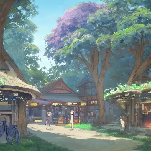 Prompt: concept art painting of a historic bakery with european and japanese architecture, in a woodland village surrounded by trees, inspired by kiki's delivery service, realistic, detailed, cel shaded, in the style of makoto shinkai and greg rutkowski and james gurney