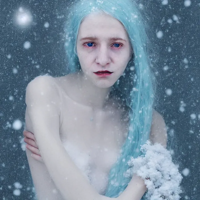 Image similar to a sickly looking young woman dying of hypothermia, with very white skin and pale blue hair wearing a long white summer dress made out of snowflakes in the middle of a heavy snowstorm. pale light blue lips. full body digital portrait by maromi sagi