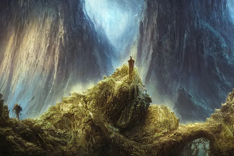 Prompt: amazing concept painting, by Jessica Rossier and HR giger and Beksinski, prophecy, hallucination, cliff face terraces of fantasy foliage, Angel of the LORD, Adam, Eve, Serpent, garden of eden, lush fruit orchard stream and rock garden