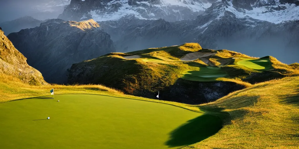 Prompt: a great photograph of the most amazing golf hole in the world, perfect light, steep drop, in the swiss alps, high above treeline, ambient light, 5 0 mm, golf digest, top 1 0 0, fog