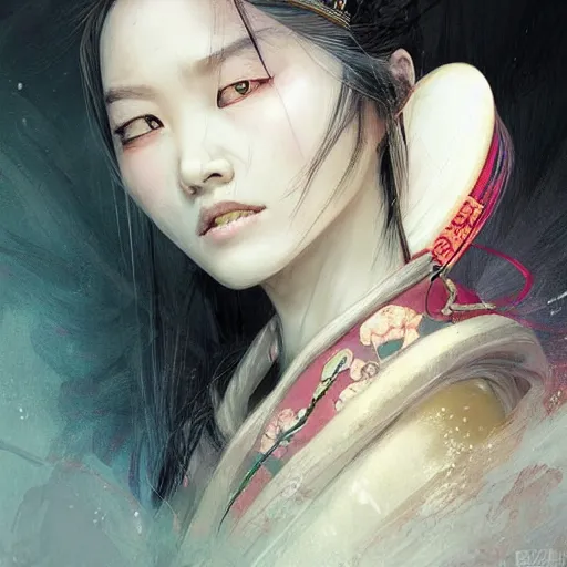 Prompt: A portrait of An beautiful!!! ancient Chinese female swordsman by Ross Tran!!! and Zhang Daqian!! and greg rutkowski! and Zdzisław Beksiński! and Ruoxin Zhang!!!,In style of digital art illustration.Symmetry.Highly detailed face.Fantasy,smooth,hyper detailed,sharp focus,Soft light.trending on artstation.