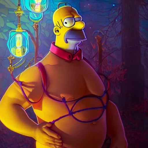 Prompt: ultra realistic illustration of magical homer simpson, forest, fantasy, colorful lights, intricate, elegant, highly detailed, digital painting, artstation, concept art, smooth, sharp focus, illustration, art by artgerm and greg rutkowski and alphonse mucha homer!!! simpson!!!