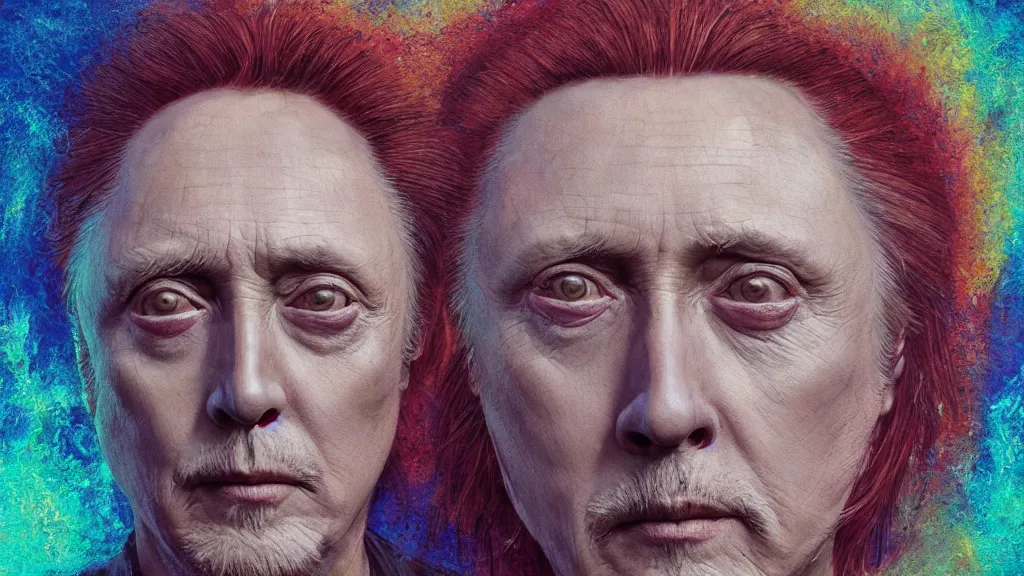 Image similar to Psychedelic character portrait of Christopher Walken, diamond, intricate complexity, rule of thirds, golden ratio, cinematic lighting, hyper detailed, 8k, high resolution, single face, symmetrical, headshot photograph, ultra detailed, beautiful, elegant, cinematic, in the style of Tom Bagshaw, Alexis Franklin, Elena Masci, Erwin Olaf