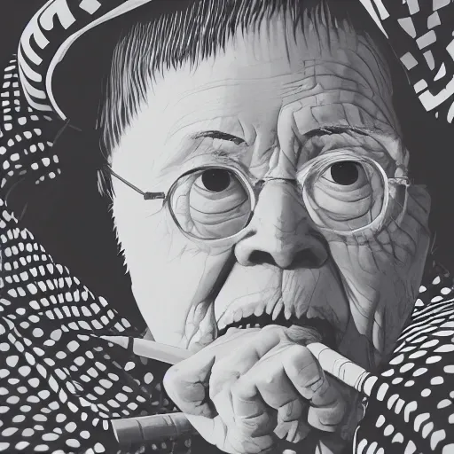 Prompt: closeup of my grandma eating crayons, in the style of mondo grosso killian eng kawase hasui james jean, artstation trending, 8 k, 3 d render, photorealistic, volumetric lighting caustics, black and white, detailed af