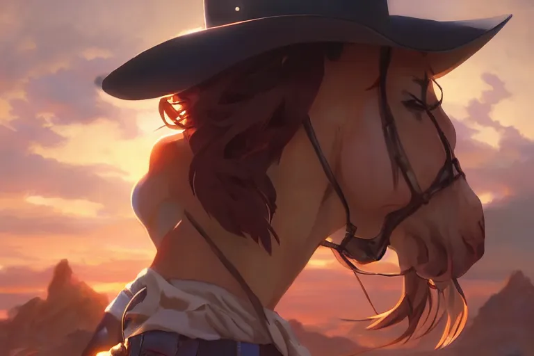 Image similar to western cowgirl, single subject, scenic full shot, ambient lighting, detailed face, by makoto shinkai, stanley artgerm lau, wlop, rossdraws