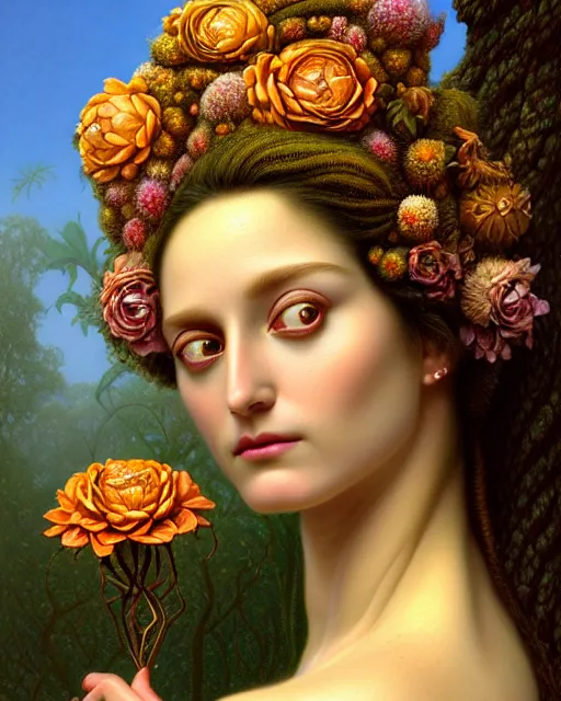 Image similar to portrait of the goddess of growth and decay, unusual beauty, flowers and plants, emotionally evoking symbolic metaphors, head in focus, fantasy, ornamental, intricate, elegant, sensual, highly detailed digital painting, artstation, concept art, painterly, golden ratio, sharp focus, illustration, art by John William Godward and Boris Vallejo and Zdzisław Beksiński,