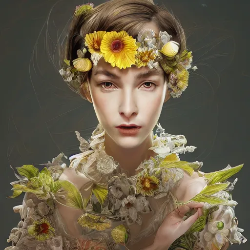 Image similar to the portrait of an absurdly beautiful, graceful, elegant, sophisticated, young girl made up of lemons, an ultrafine hyperdetailed illustration by kim jung gi, irakli nadar, intricate linework, bright colors, octopath traveler, final fantasy, unreal engine 5 highly rendered, global illumination, radiant light, detailed and intricate environment