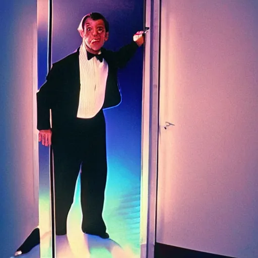 Prompt: Time traveler Sam Beckett from Quantum Leap in the middle of a leap, with his hologram friend Al Calavicci nearby in a glowing image chamber door