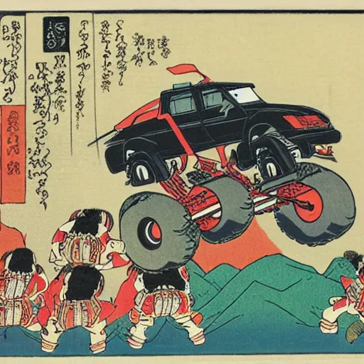 Prompt: monster truck rally, Utagawa Kuniyoshi