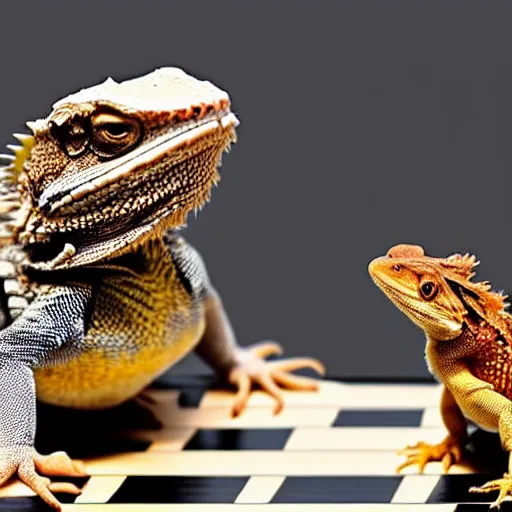 Prompt: a Bearded dragon playing chess against a Salamander, national geographic photo