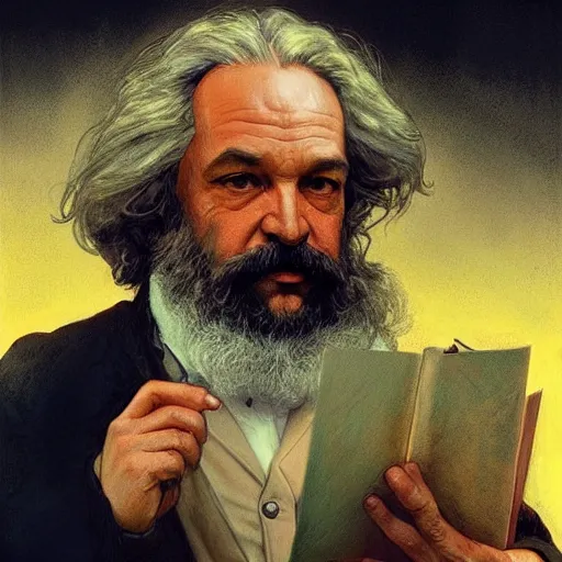 Image similar to portrait of Karl Marx pondering his orb, highly detailed, digital painting, artstation, concept art, smooth, sharp focus, illustration, art by magalie villeneuve and alan lee and artgerm and greg rutkowski and alphonse mucha