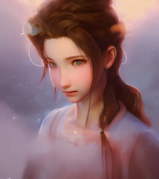 Image similar to beautiful aerith gainsborough, face centered portrait, cottagecore, confident, fog, rain, volumetric lighting, soft light particles floating near her, rim light, beautiful, golden hour, sharp focus, ultra detailed, cgsociety by krenz cushart and wenjun lin